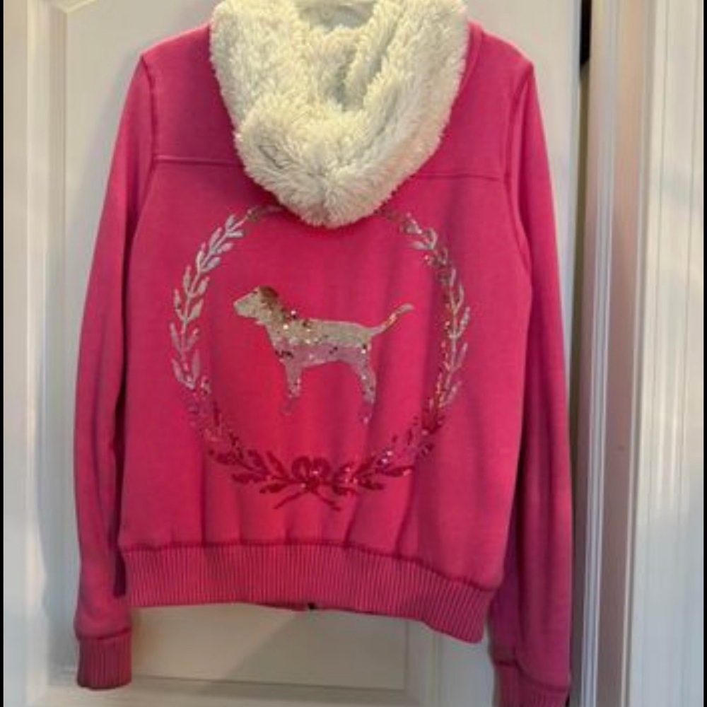 Pink Victoria Secret Hoodie with Dog Design and Faux Fur Hood
